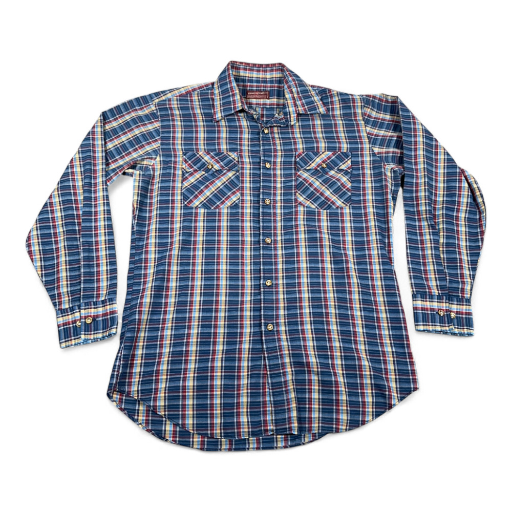 Vintage Kingsport Shirt Adult MEDIUM Blue Plaid Rainbow Sears Button Down 80s